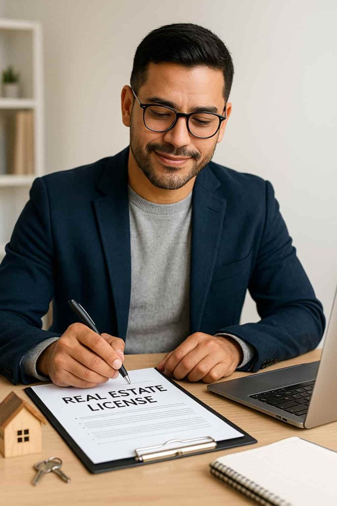 Real estate license step-by-step guide study materials on desk